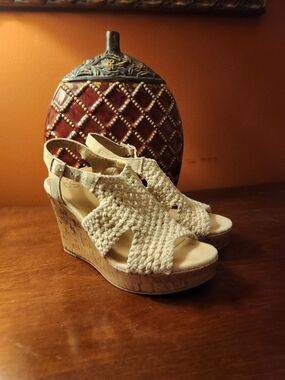 Braided Cork Wedge Sandals in Cream — Women's Slingback Wedges